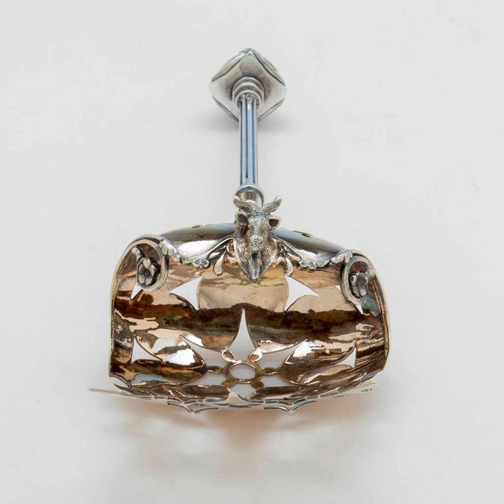 Front view of George Sharp &#39;Gothic&#39; Antique Sterling Hooded Asparagus Server, Philadelphia, PA, c. lte 1860s