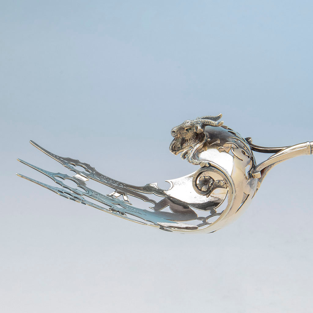 Side detail of George Sharp &#39;Gothic&#39; Antique Sterling Hooded Asparagus Server, Philadelphia, PA, c. lte 1860s