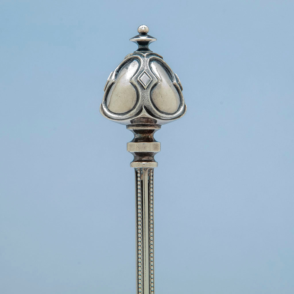 Gothic handle to George Sharp &#39;Gothic&#39; Antique Sterling Hooded Asparagus Server, Philadelphia, PA, c. lte 1860s