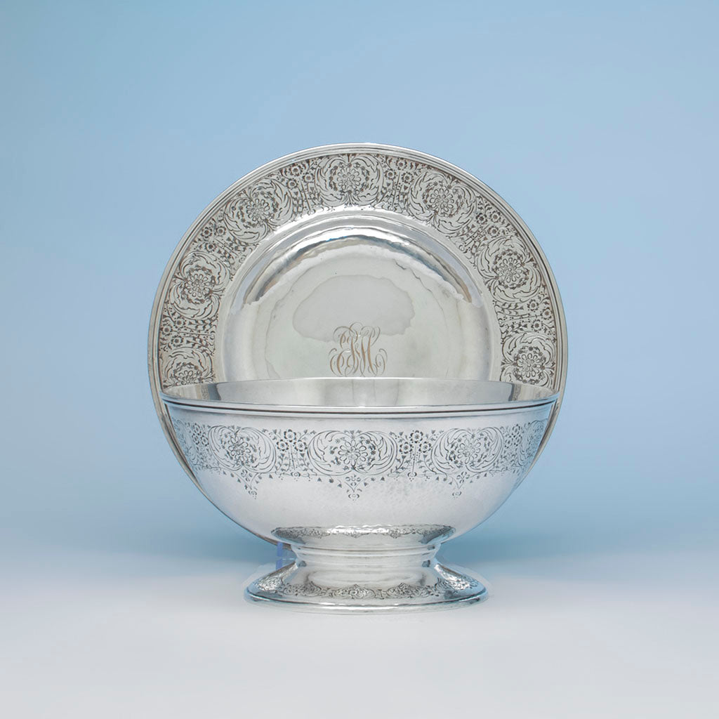 Exceptional chasing on Karl Leinonen/ Mary Knight Sterling Fruit or Punch Bowl with Undertray, Boston, c. 1907