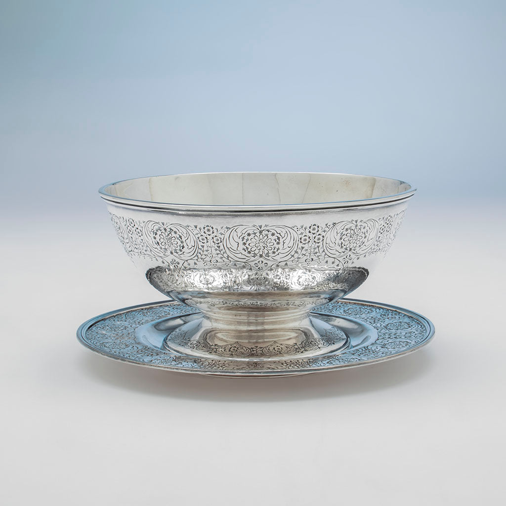 Tray reflection on Karl Leinonen/ Mary Knight Sterling Fruit or Punch Bowl with Undertray, Boston, c. 1907