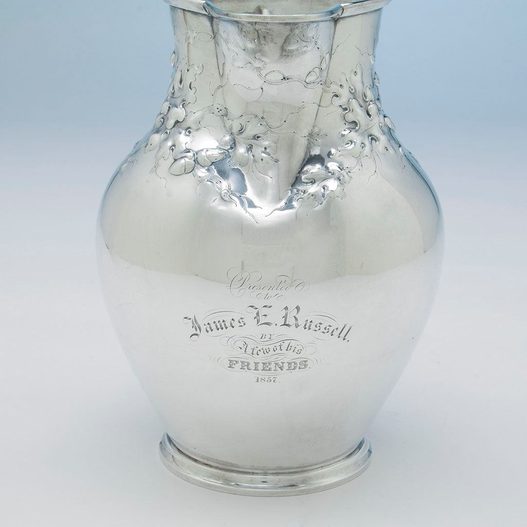Pitcher inscription on Newell Harding (attr) Coin Silver Presentation Set retailed by Bailey, Kettell &amp; Chapman, Boston, 1857