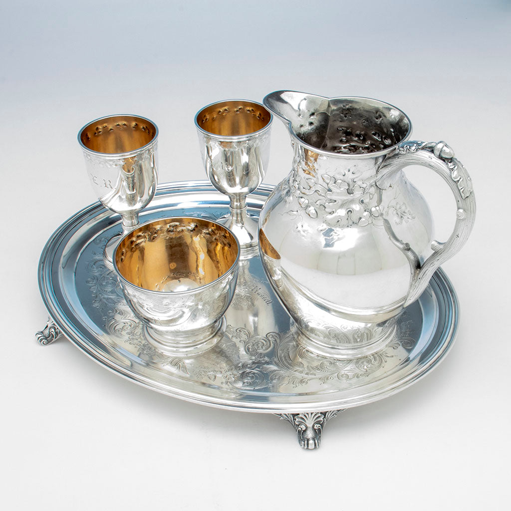 Overhead view of Newell Harding (attr) Coin Silver Presentation Set retailed by Bailey, Kettell &amp; Chapman, Boston, 1857