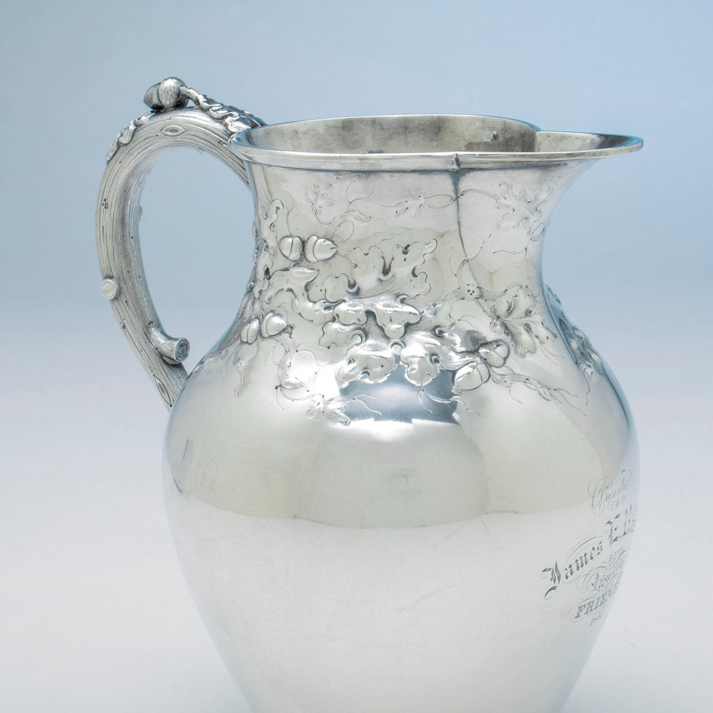 Chasing detail of Newell Harding (attr) Coin Silver Presentation Set retailed by Bailey, Kettell &amp; Chapman, Boston, 1857