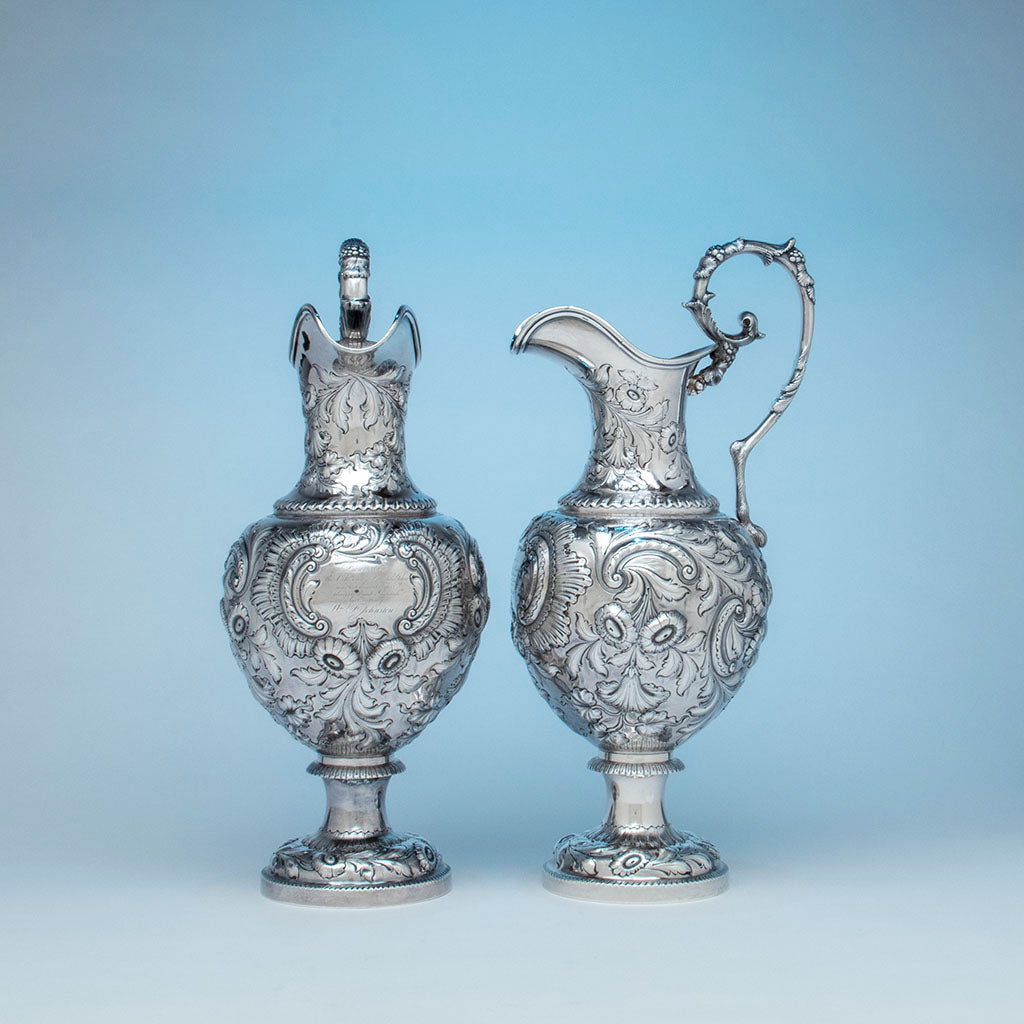 Front and side of JE Caldwell(ret.) Pair of Coin Silver Presentation Ewers, Philadelphia, PA, c. 1851