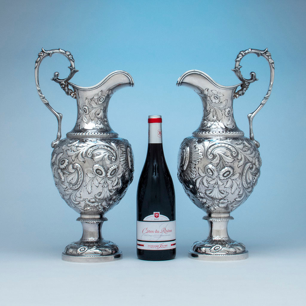 Center wine bottle with JE Caldwell(ret.) Pair of Coin Silver Presentation Ewers, Philadelphia, PA, c. 1851