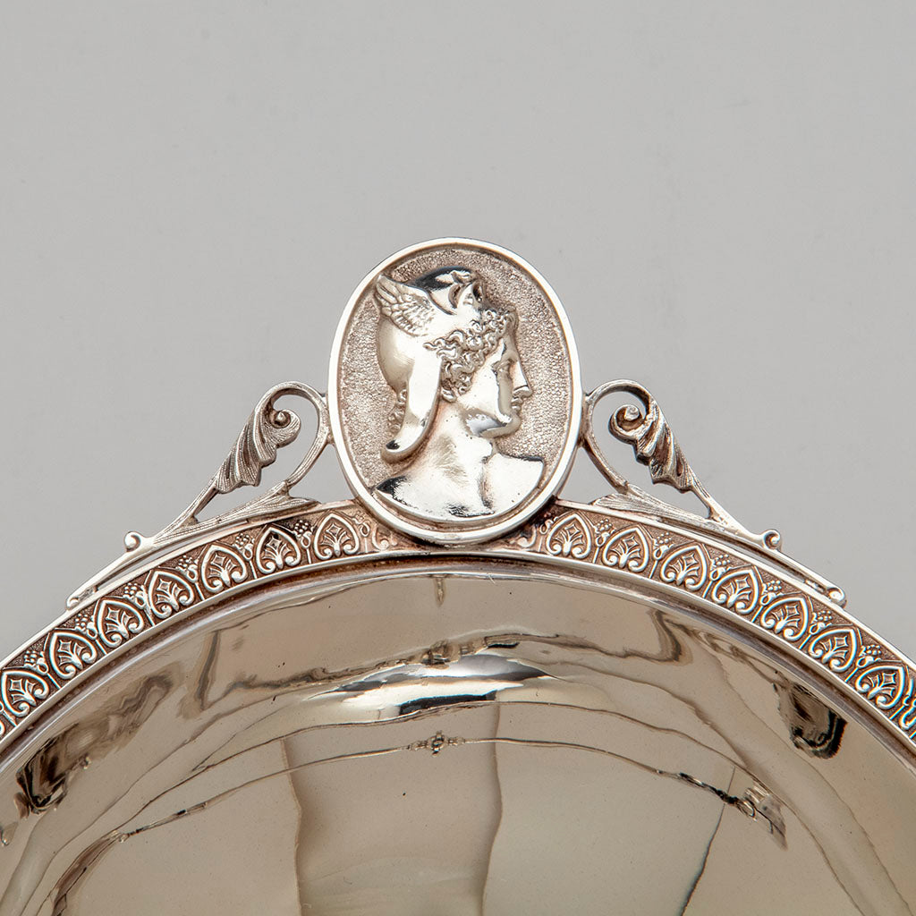 End medallions of Wood and Hughes Antique Coin Silver &#39;Medallion&#39; Basket, NYC, NY, c. 1870