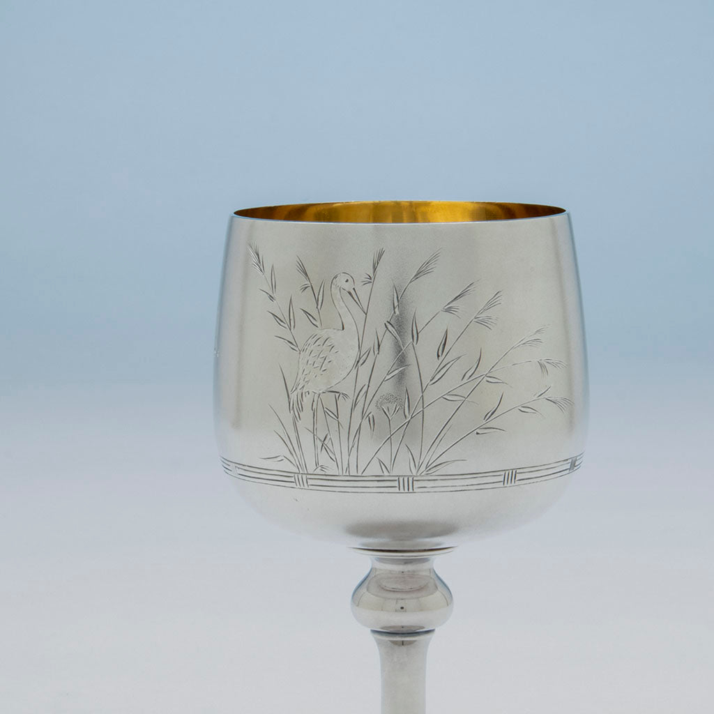 Bird facing right of Whiting Pair of Antique Sterling Silver Goblets, Attleboro, MA or NYC, NY, 1870s