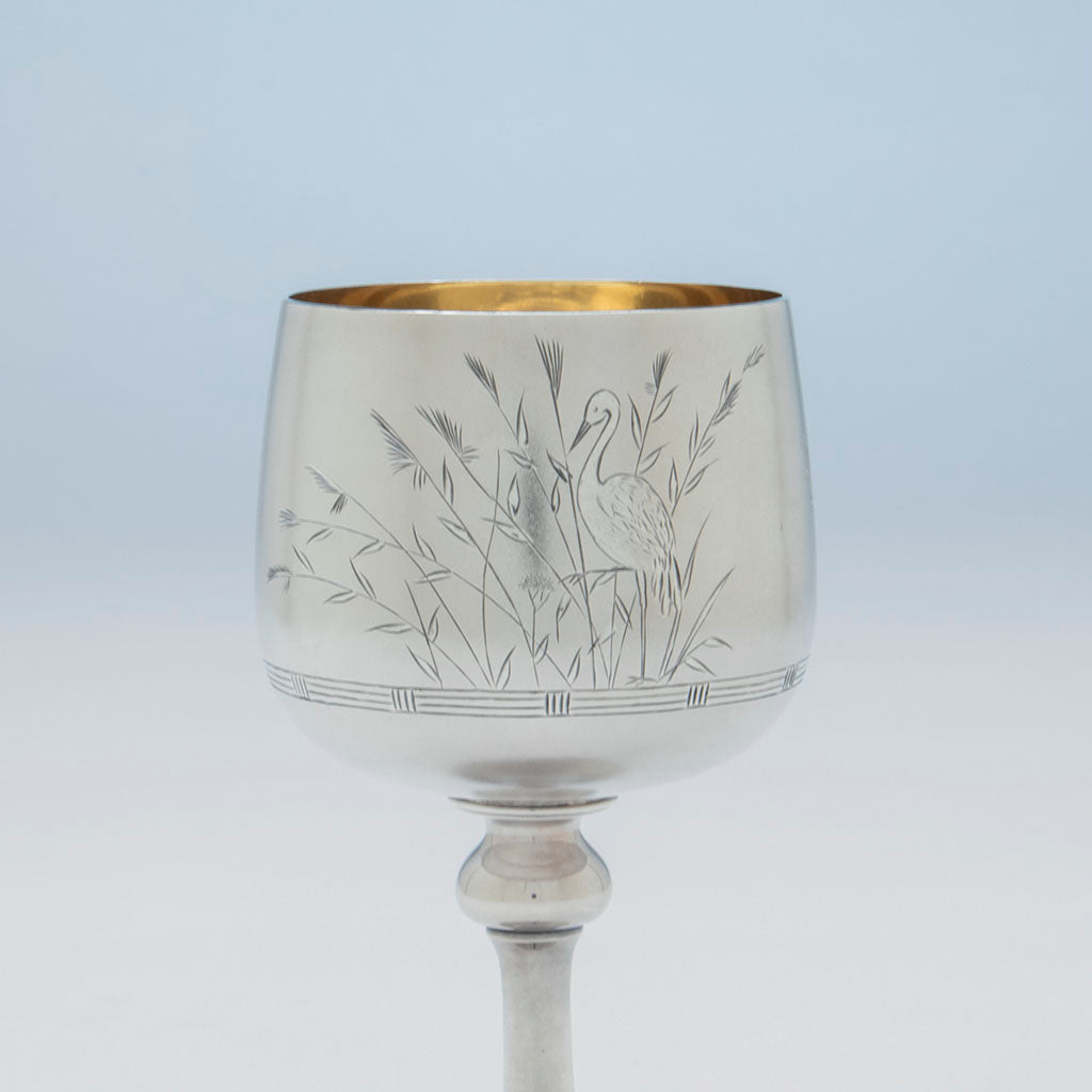 Bird facing left of Whiting Pair of Antique Sterling Silver Goblets, Attleboro, MA or NYC, NY, 1870s