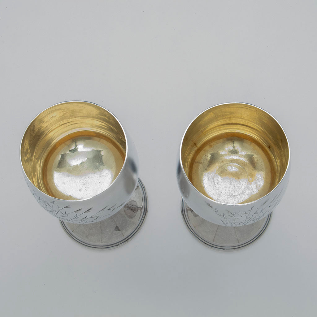Interior of Whiting Pair of Antique Sterling Silver Goblets, Attleboro, MA or NYC, NY, 1870s