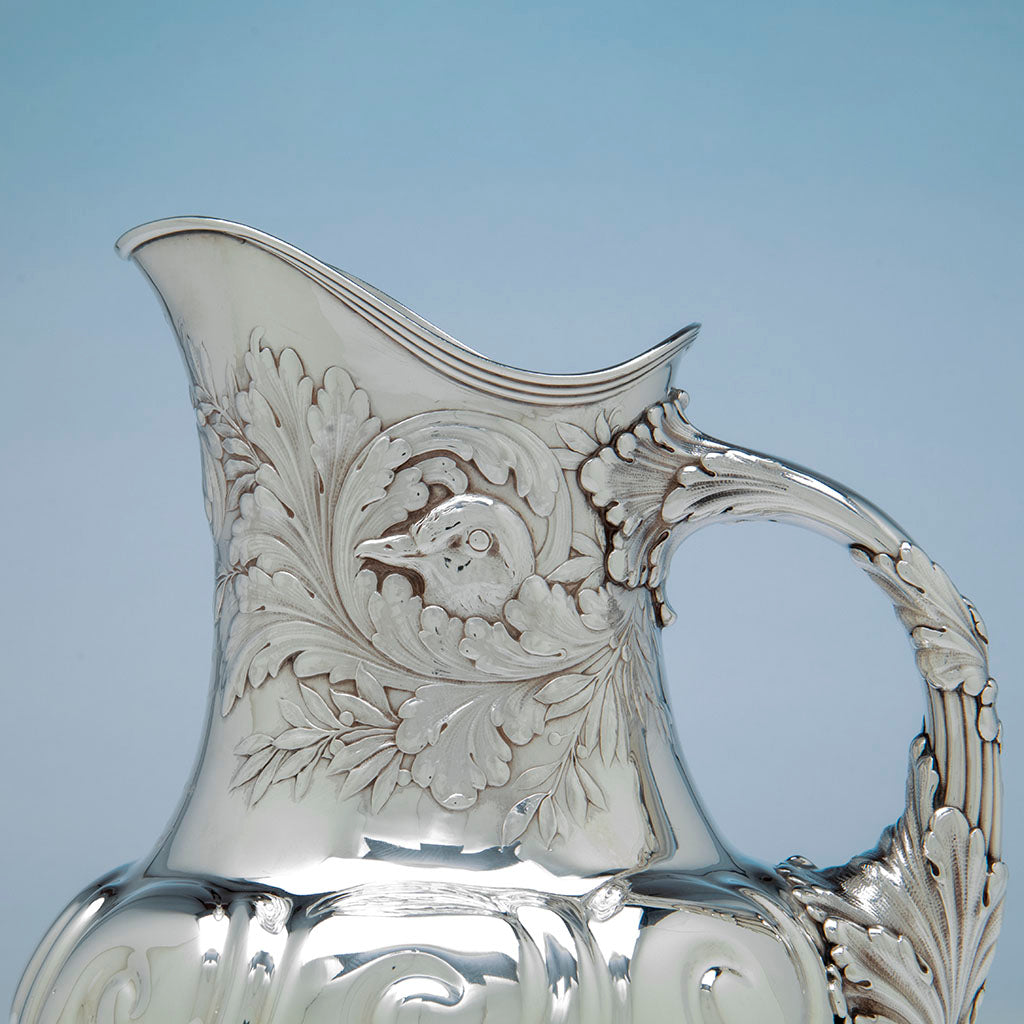 Bird detail on Whiting Antique Sterling Silver Tuxedo Park Trophy Pitcher, NYC, NY, 1887