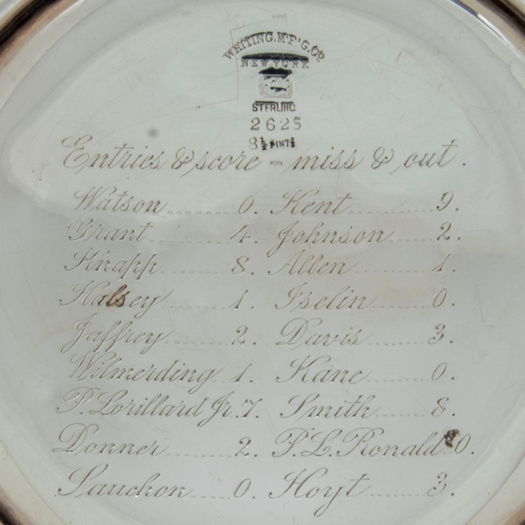Underside of Whiting Antique Sterling Silver Tuxedo Park Trophy Pitcher, NYC, NY, 1887