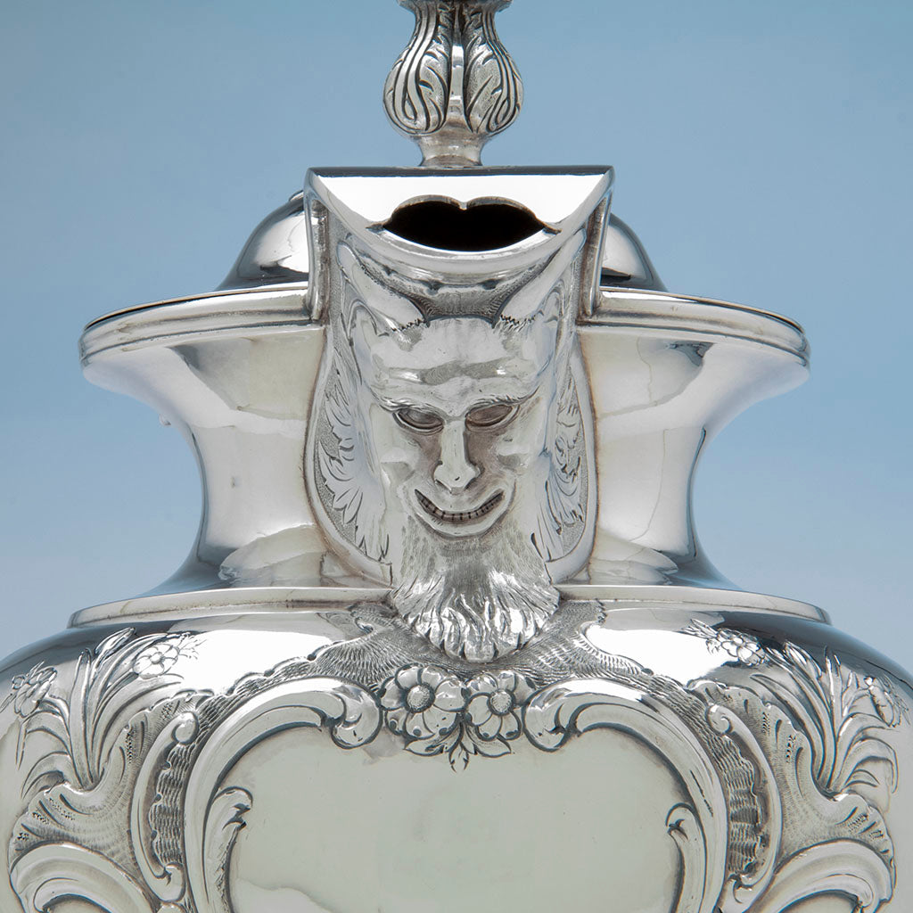 Satyr spout of Obadiah Rich (attr.) Coin Silver Lidded Jug retailed by Jones, Lows &amp; Poor, Boston, 1839