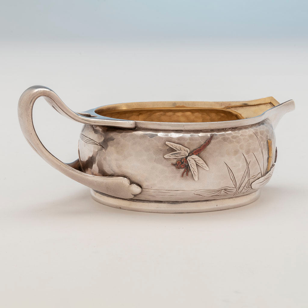 Dragonfly on creamer to Tiffany and Co Sterling and Other Metals Téte Téte Set, NYC, NY, c. 1878