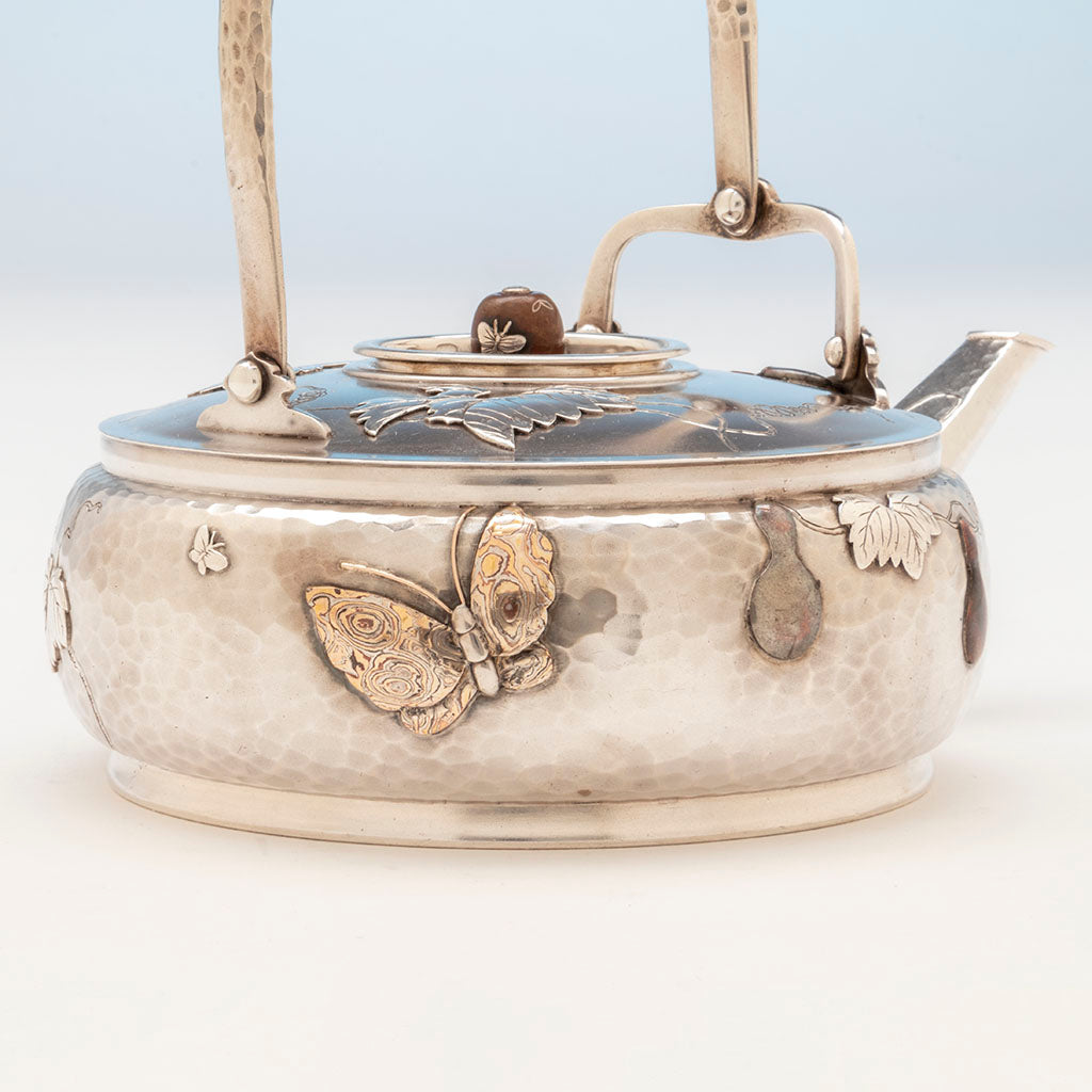 Mokume butterfly on pot to Tiffany and Co Sterling and Other Metals Téte Téte Set, NYC, NY, c. 1878