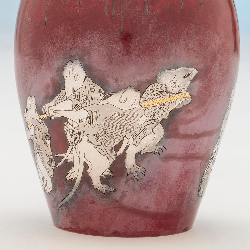 Mice scene with gold rope on Tiffany &amp; Co. Patinated Copper and Other Metals Japanese Inspired Tea Caddy, NYC, NY, c. 1874