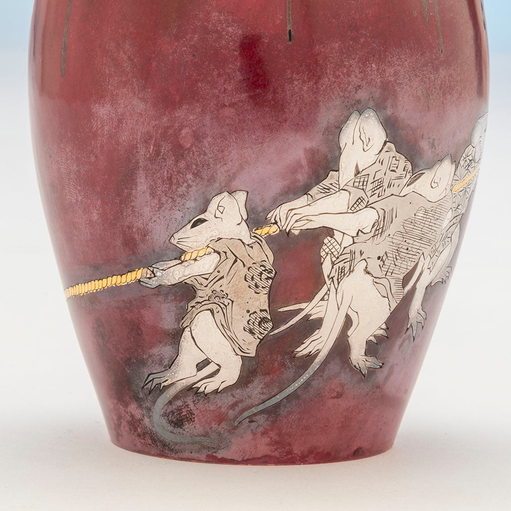 Mice detail on Tiffany &amp; Co. Patinated Copper and Other Metals Japanese Inspired Tea Caddy, NYC, NY, c. 1874