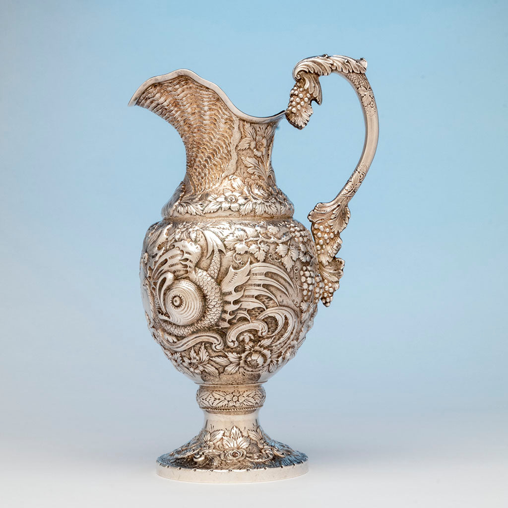 A. Jacobi & Co Antique Sterling Silver Repoussé Nautical Ewer, Baltimore, MD, c. 1879-1890s