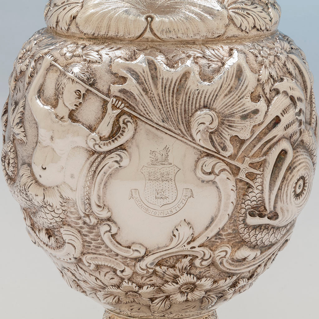Cartouche on A. Jacobi &amp; Co Antique Sterling Silver Repoussé Nautical Ewer, Baltimore, MD, c. 1879-1890s