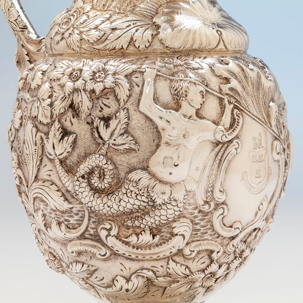 Merman on A. Jacobi &amp; Co Antique Sterling Silver Repoussé Nautical Ewer, Baltimore, MD, c. 1879-1890s