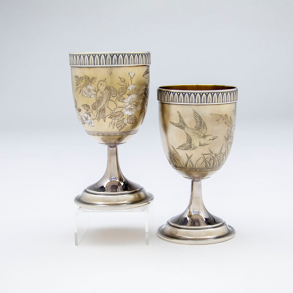 Birds on Gorham Antique Sterling Silver Japonesque Goblets, Providence, RI, 1883