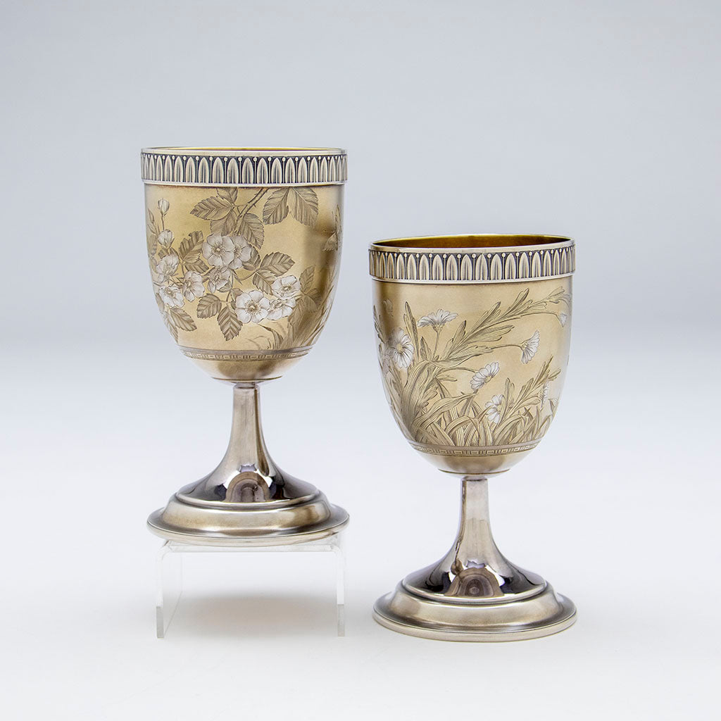 Flora on Gorham Antique Sterling Silver Japonesque Goblets, Providence, RI, 1883