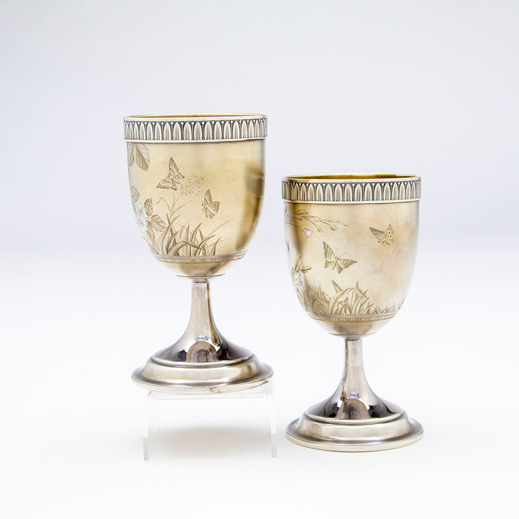 Butterflies on Gorham Antique Sterling Silver Japonesque Goblets, Providence, RI, 1883