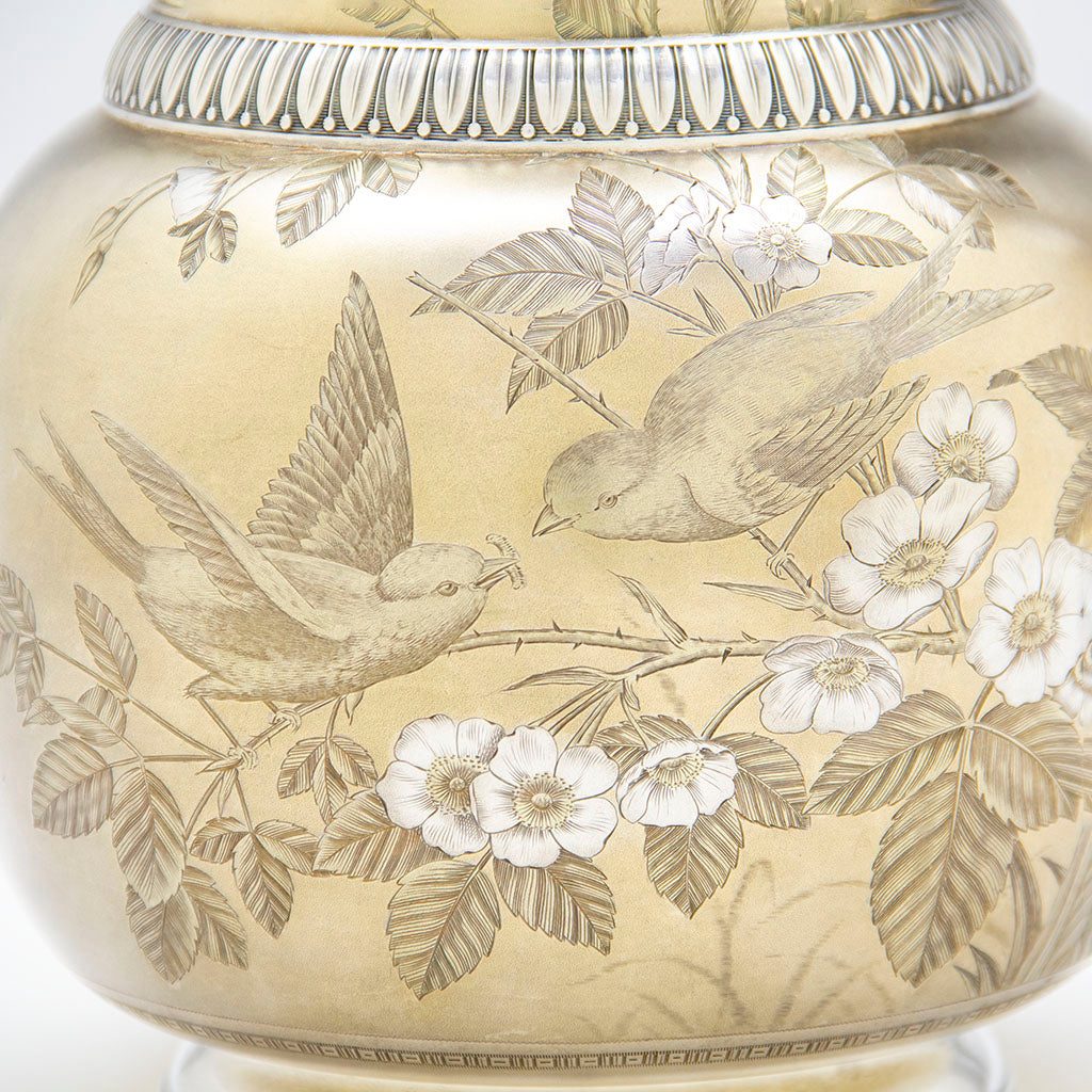 Birds on Gorham Antique Sterling Silver Japonesque Water Set, Providence, RI, 1883