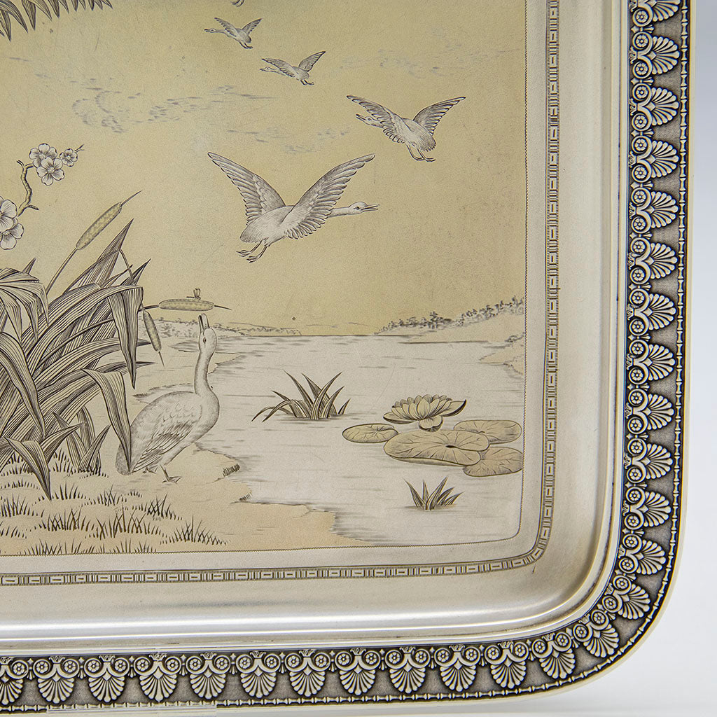 Waterlily on Gorham Antique Sterling Silver Japonesque Tray, Providence, RI, 1883