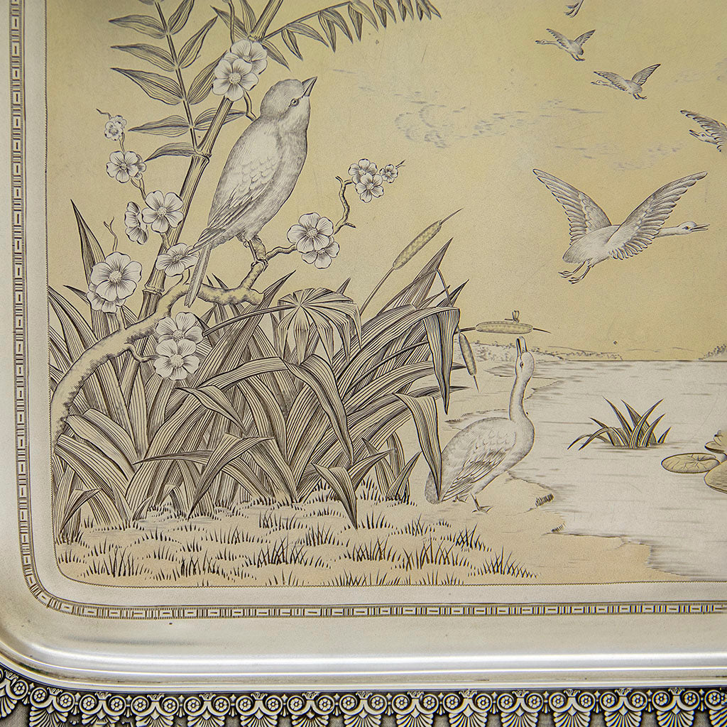 Flora on Gorham Antique Sterling Silver Japonesque Tray, Providence, RI, 1883