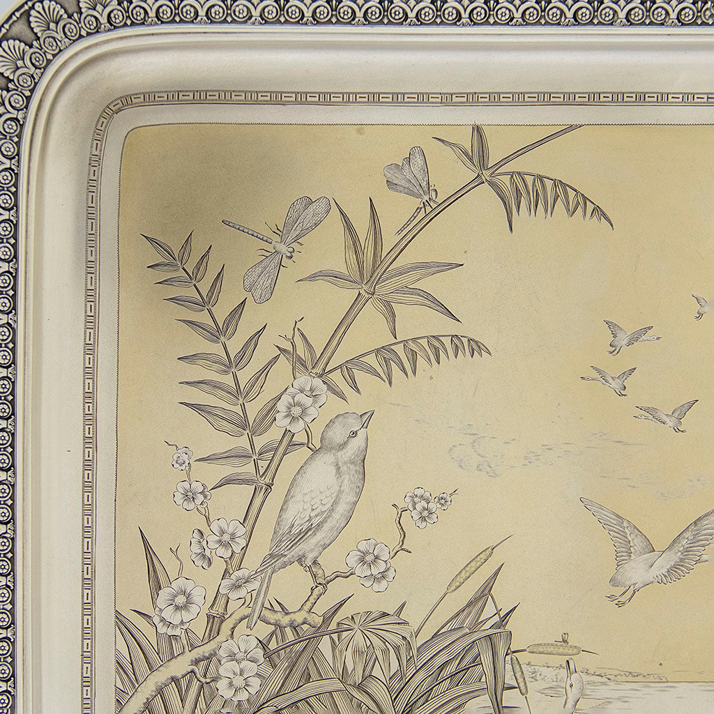 Dragonflies on Gorham Antique Sterling Silver Japonesque Tray, Providence, RI, 1883