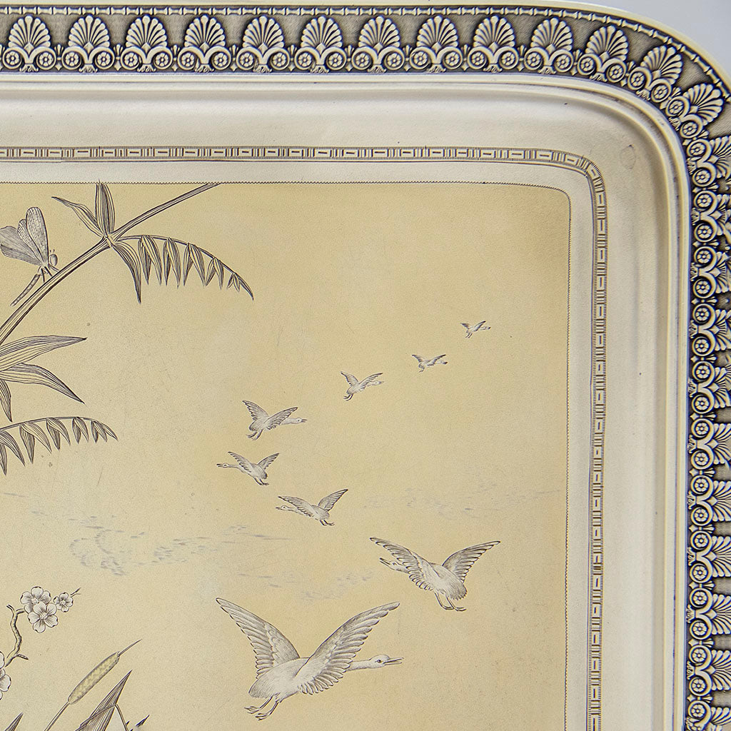 Flock of geese on Gorham Antique Sterling Silver Japonesque Tray, Providence, RI, 1883