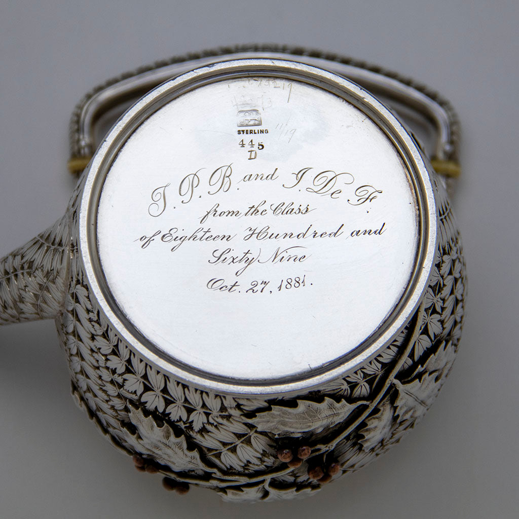 Presentation inscription on Whiting Aesthetic Movement Sterling Silver and Mixed-Metal Tête-à-tête Tea Service, 1881