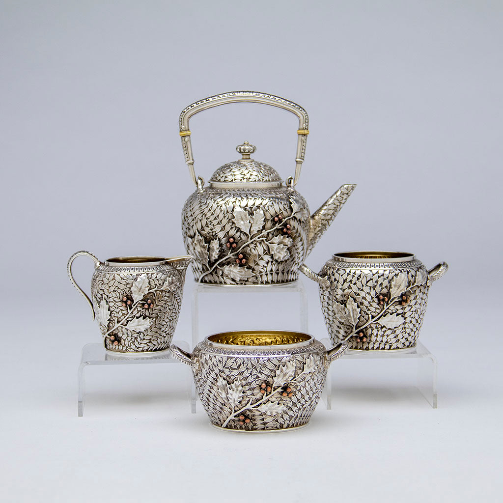 Whiting Aesthetic Movement Sterling Silver and Mixed-Metal Tête-à-tête Tea Service, 1881 facing right