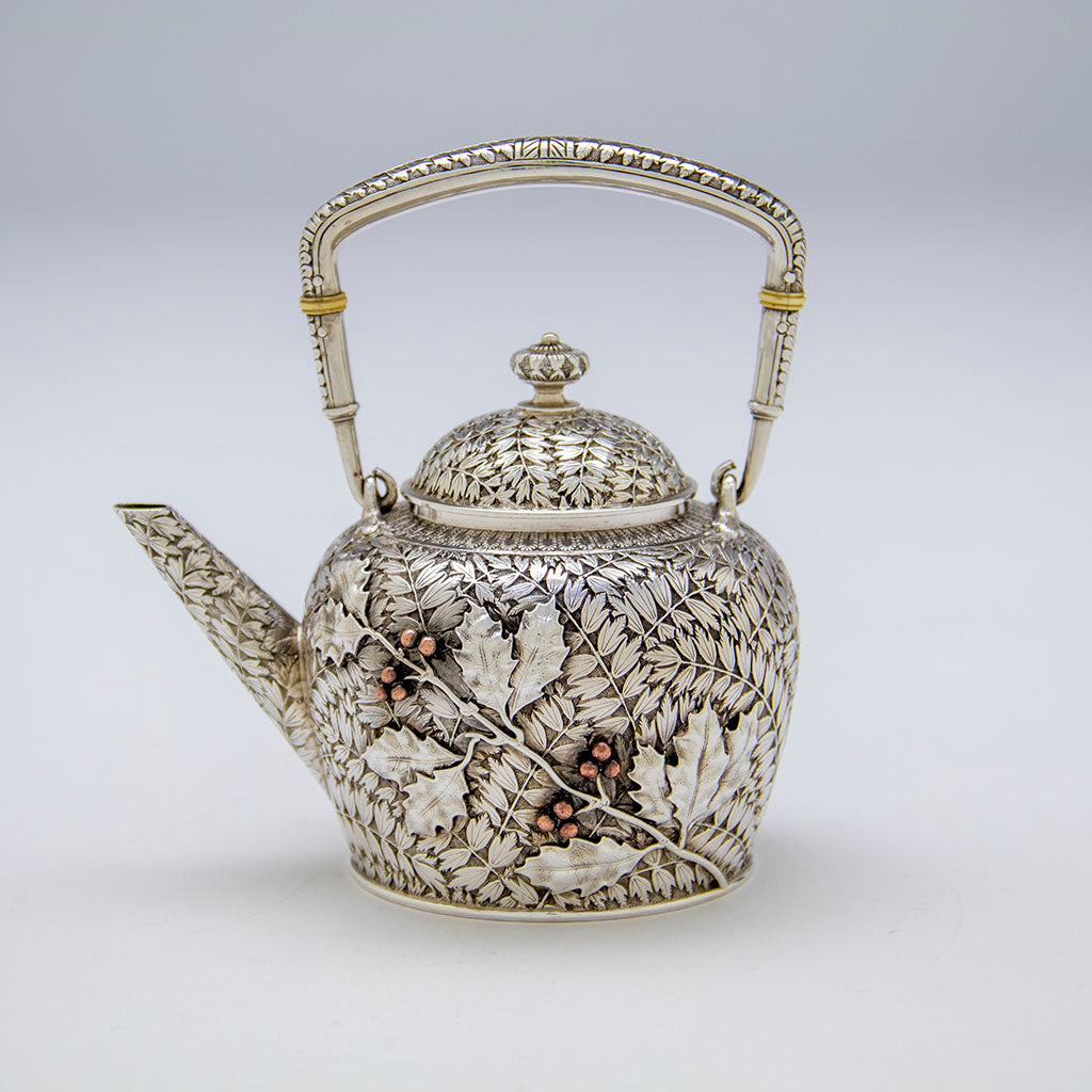 Details of Whiting Aesthetic Movement Sterling Silver and Mixed-Metal Tête-à-tête Tea Pot, 1881