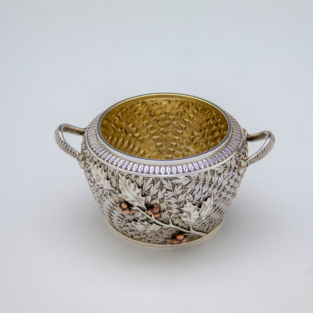 Rare waste of Whiting Aesthetic Movement Sterling Silver and Mixed-Metal Tête-à-tête Tea Service, 1881