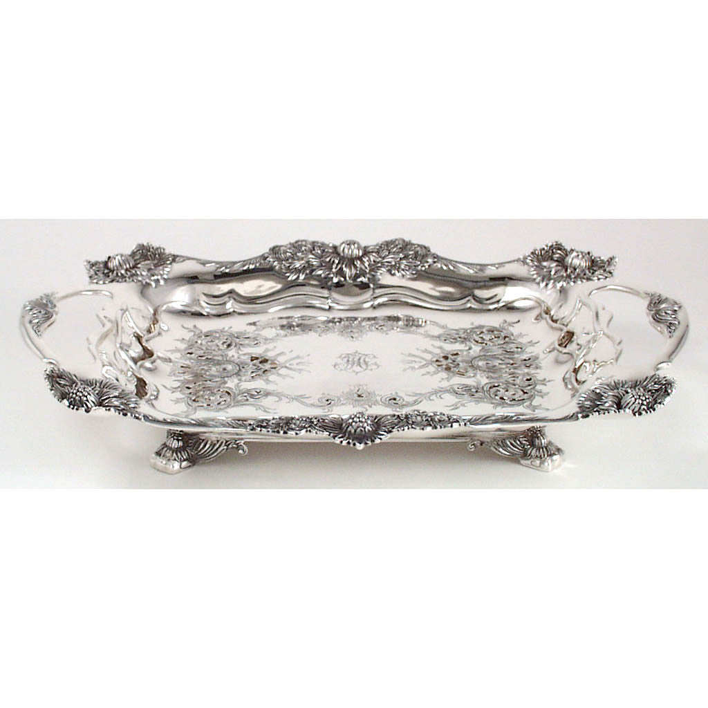Side view of Tiffany &#39;Chrysanthemum&#39; Pattern Antique Sterling Silver Asparagus Serving Dish with Liner, New York City, c. 1900