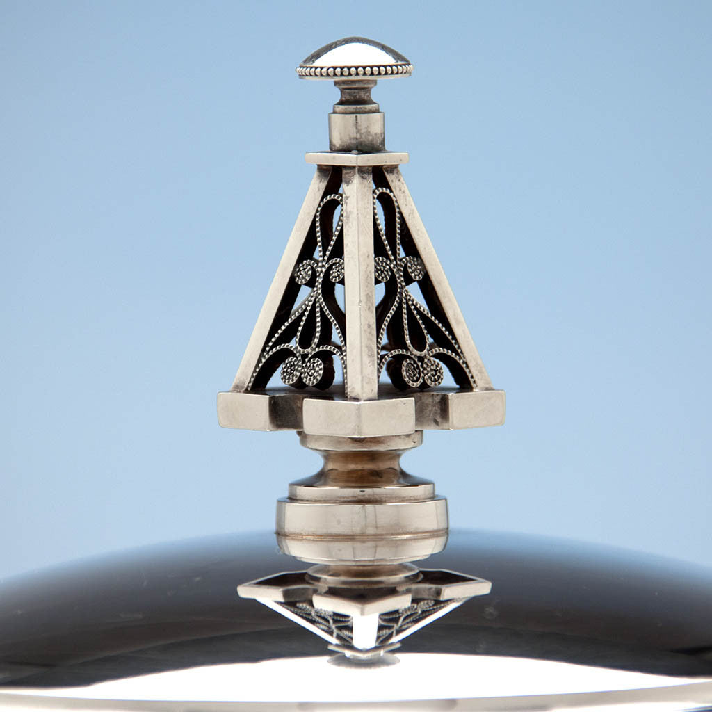 Finial detail on Wood &amp; Hughes &#39;Japanese&#39; Pattern Aesthetic Movement Antique Sterling Silver Covered Soup Tureen, New York City, early 1870&#39;s