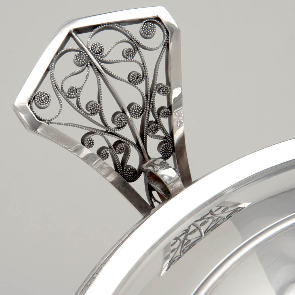 Handle detail of Wood &amp; Hughes &#39;Japanese&#39; Pattern Aesthetic Movement Antique Sterling Silver Covered Soup Tureen, New York City, early 1870&#39;s
