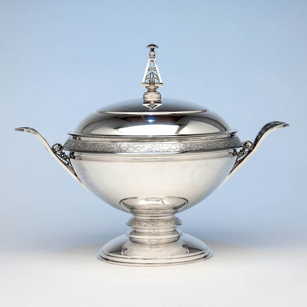 Wood &amp; Hughes &#39;Japanese&#39; Pattern Aesthetic Movement Antique Sterling Silver Covered Soup Tureen, New York City, early 1870&#39;s