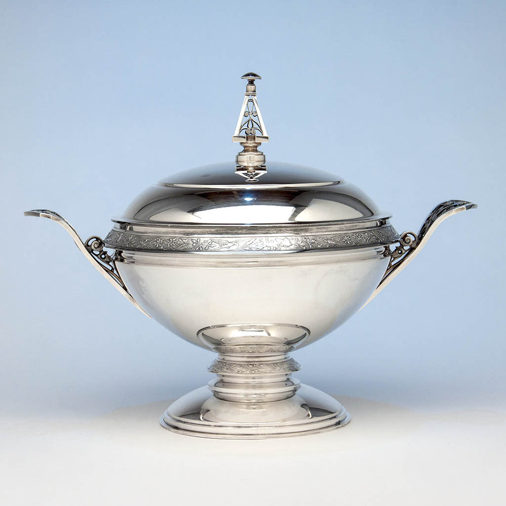 Wood & Hughes 'Japanese' Pattern Aesthetic Movement Antique Sterling Silver Covered Soup Tureen, New York City, early 1870's