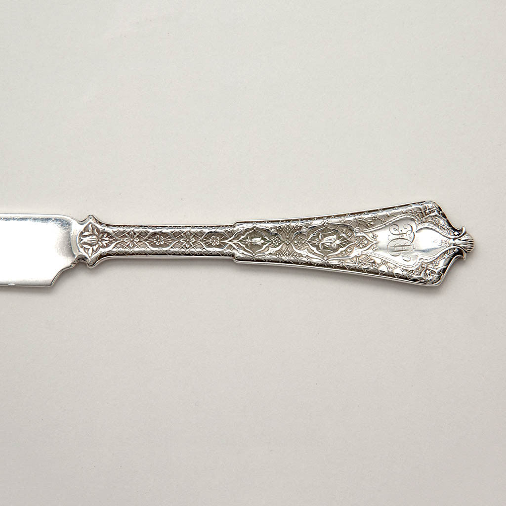 Monogram on Tiffany &amp; Co &#39;Persian&#39; Pattern Antique Sterling Silver Breakfast Knives - 12, 1875-91