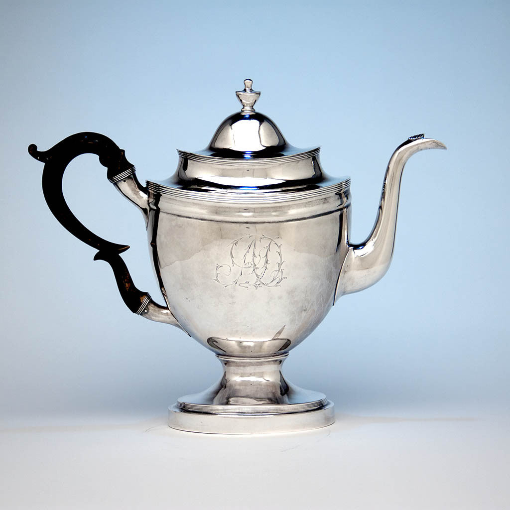 Coffee pot to John McMullin Antique Coin Silver Coffee Set, Philadelphia, PA, 1805