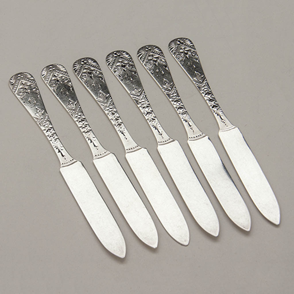 American Sterling Bright-cut Fruit or Butter Knives, c. 1880's, set of 6