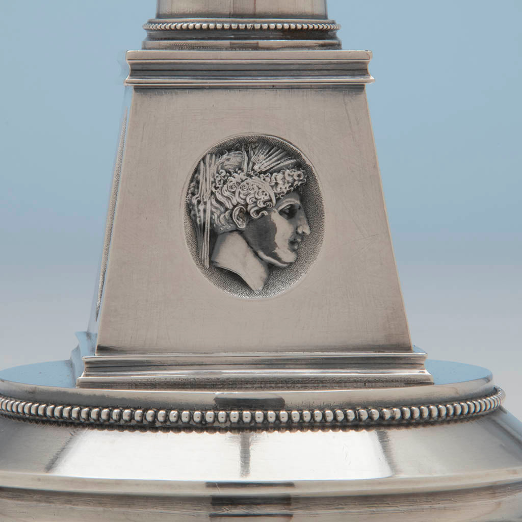 Unidentified medallion on Wood and Hughes Antique Coin Silver Candelabrum Base, NYC, c. 1865