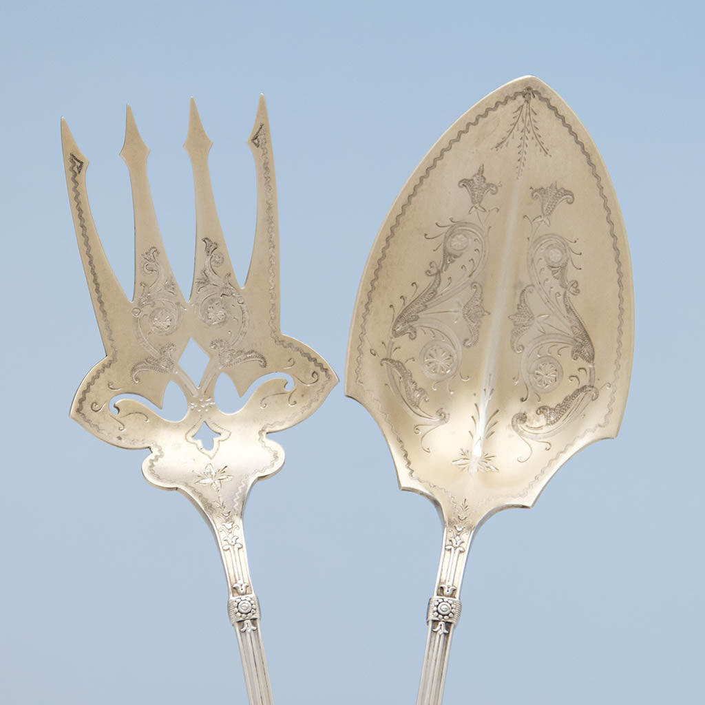 Engraving on Whiting &#39;Arabesque&#39; Pattern Antique Sterling Silver Salad Set , New York City, c. 1875