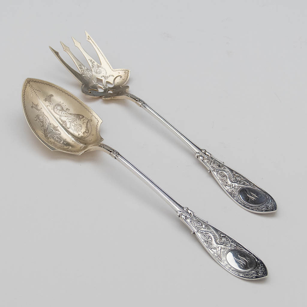 Whiting &#39;Arabesque&#39; Pattern Antique Sterling Silver Salad Set , New York City, c. 1875