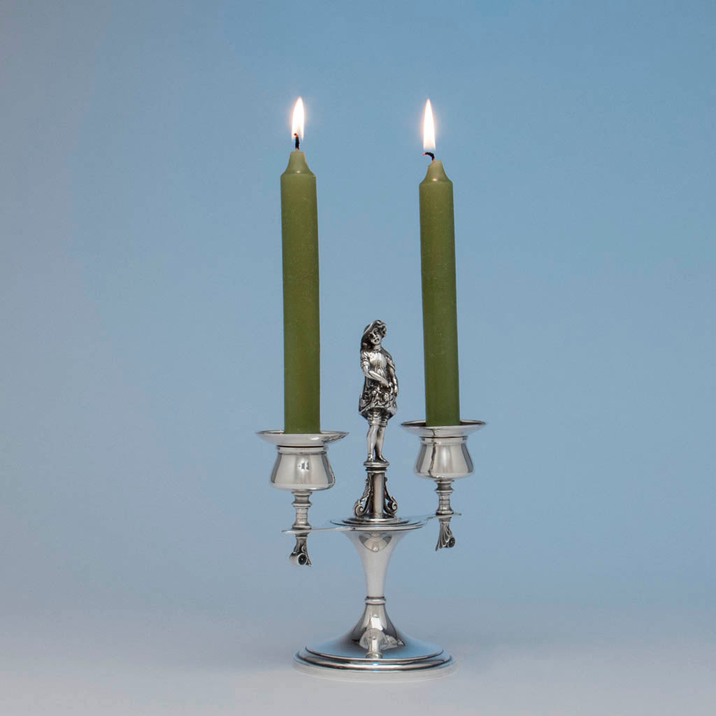 Angle view of Gorham Antique Sterling Silver Figural Candelabra, NY, NY, 1876