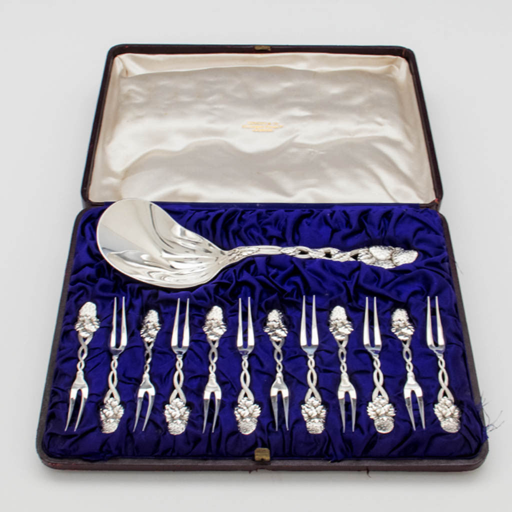 Boxed set of Tiffany &amp; Co Antique Sterling Silver &#39;Strawberry&#39; Pattern Berry Set, NYC, c. 1900
