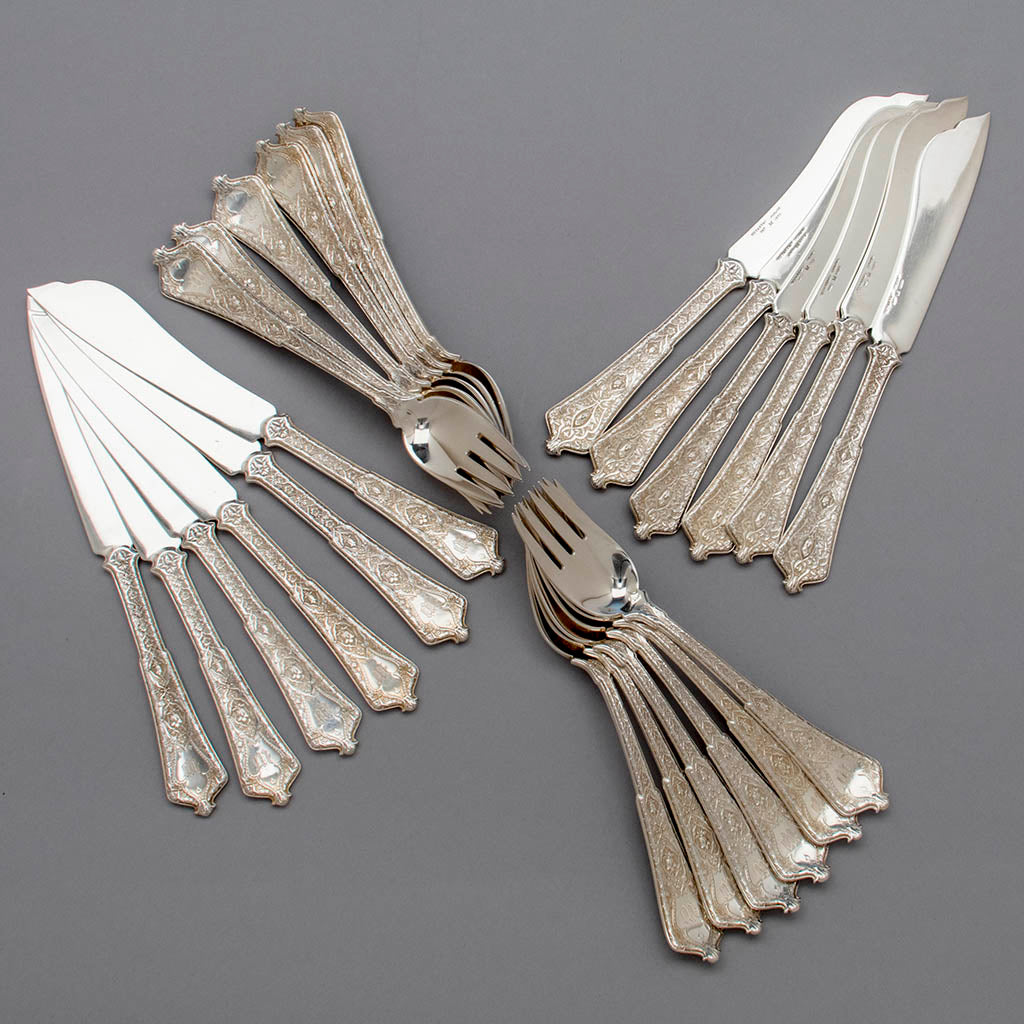 Tiffany &amp; Co &#39;Persian&#39; Pattern Antique Sterling Silver Fish Service, NYC, 1875-91
